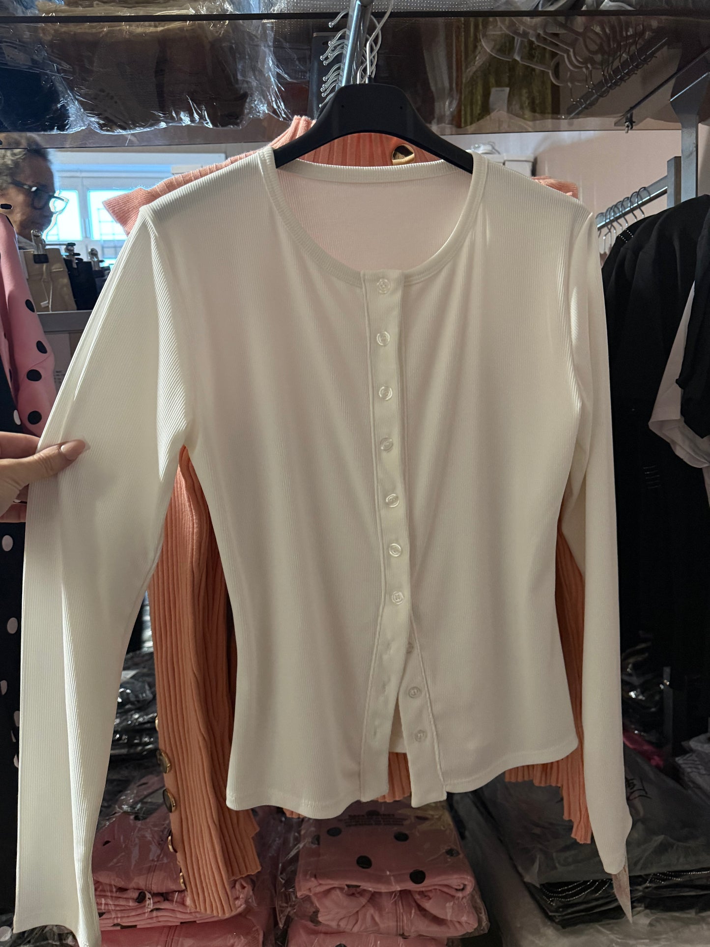 Ribbed white button top